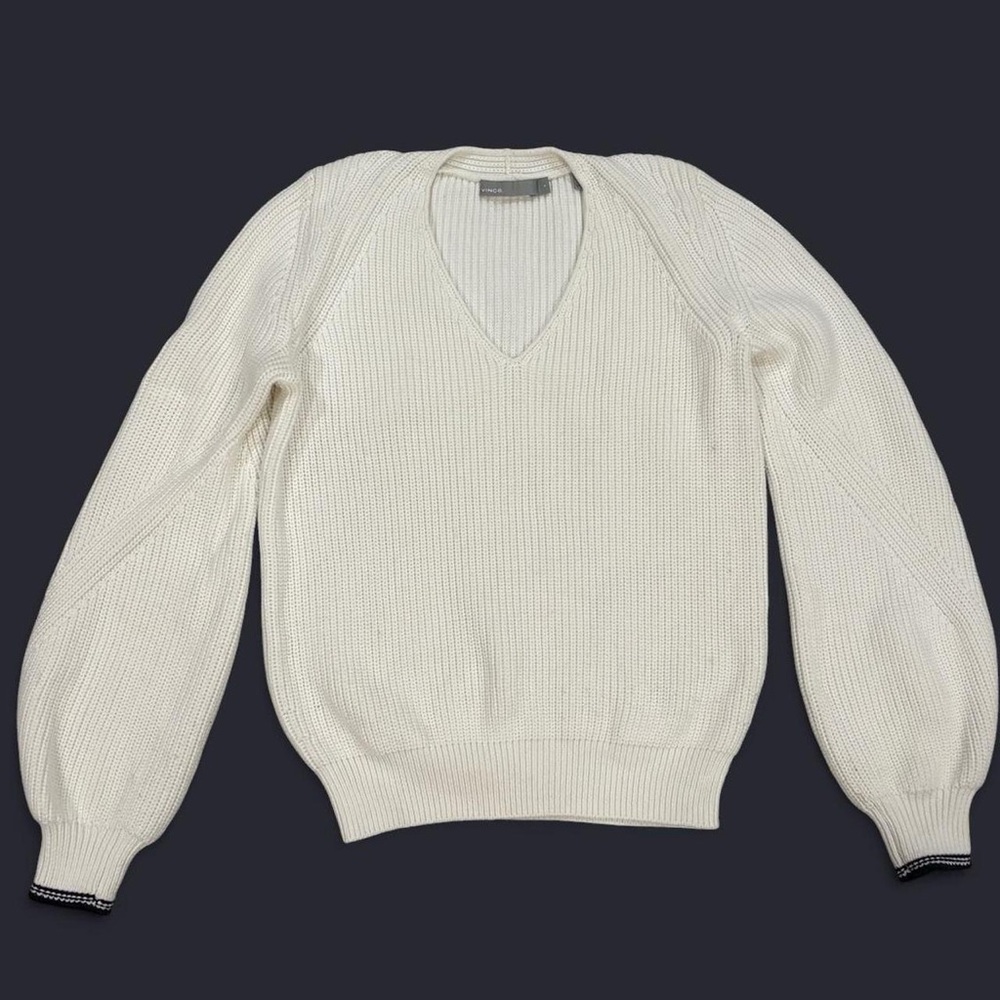 Vince V Neck Sweater Puff Sleeve Navy Blue Sleeve Cuff Trim Detail